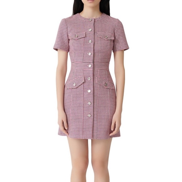 Maje Barbiecore Rida Pink Tweed Houndstooth Mini Dress - Picture 4 of 12